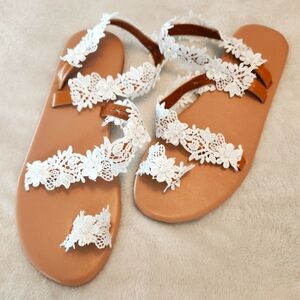 Women's Tan Sandals with White Lace Straps